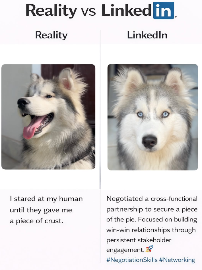 Reality vs Linked in Reality I stared at my human until they gave me a piece of crust. LinkedIn Negotiated a cross-functional partnership to secure a piece of the pie. Focused on building win-win relationships through persistent stakeholder engagement. #NegotiationSkills #Networking
