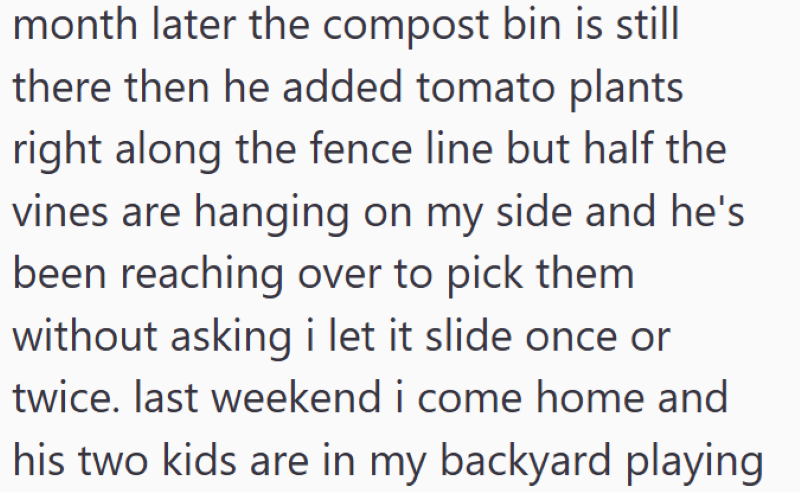 month later the compost bin is still there then he added tomato plants right along the fence line but half the vines are hanging on my side and he's been reaching over to pick them without asking i let it slide once or twice. last weekend i come home and his two kids are in my backyard playing