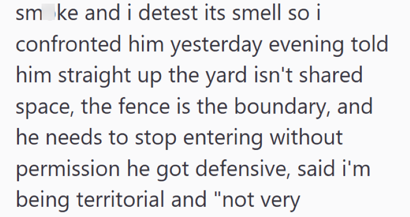 smoke and i detest its smell so i confronted him yesterday evening told him straight up the yard isn't shared space, the fence is the boundary, and he needs to stop entering without permission he got defensive, said i'm being territorial and "not very