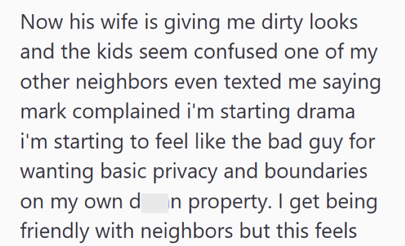 Now his wife is giving me dirty looks and the kids seem confused one of my other neighbors even texted me saying mark complained i'm starting drama i'm starting to feel like the bad guy for wanting basic privacy and boundaries on my own din property. I get being friendly with neighbors but this feels