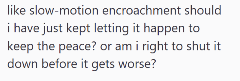 like slow-motion encroachment should i have just kept letting it happen to keep the peace? or am i right to shut it down before it gets worse?