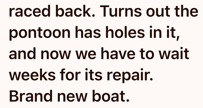 raced back. Turns out the pontoon has holes in it, and now we have to wait weeks for its repair. Brand new boat.