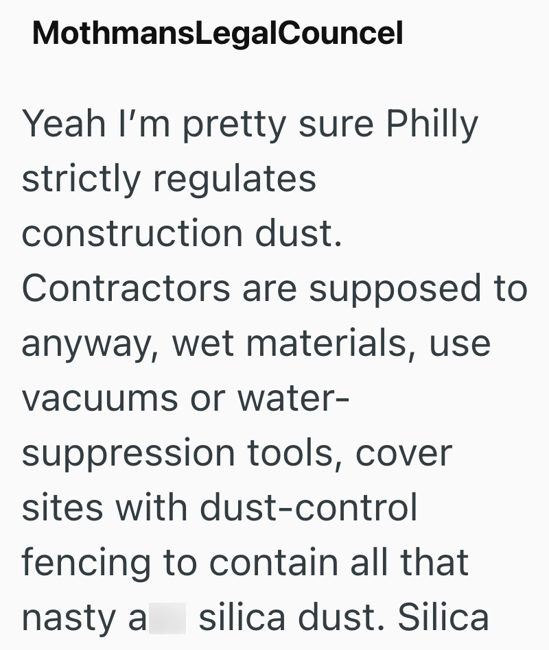 MothmansLegalCouncel Yeah I'm pretty sure Philly strictly regulates construction dust. Contractors are supposed to anyway, wet materials, use vacuums or water- suppression tools, cover sites with dust-control fencing to contain all that nasty a silica dust. Silica