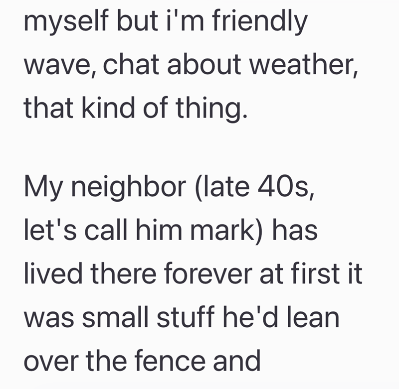 myself but i'm friendly wave, chat about weather, that kind of thing. My neighbor (late 40s, let's call him mark) has lived there forever at first it was small stuff he'd lean over the fence and
