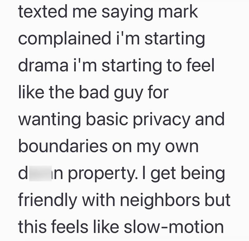 texted me saying mark complained i'm starting drama i'm starting to feel like the bad guy for wanting basic privacy and boundaries on my own d in property. I get being friendly with neighbors but this feels like slow-motion