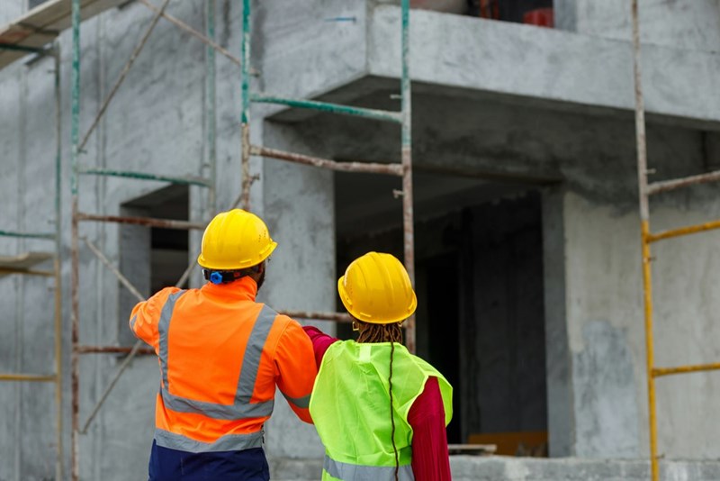 Two construction workers look over the project they're working on, in a depiction by a couple of models.