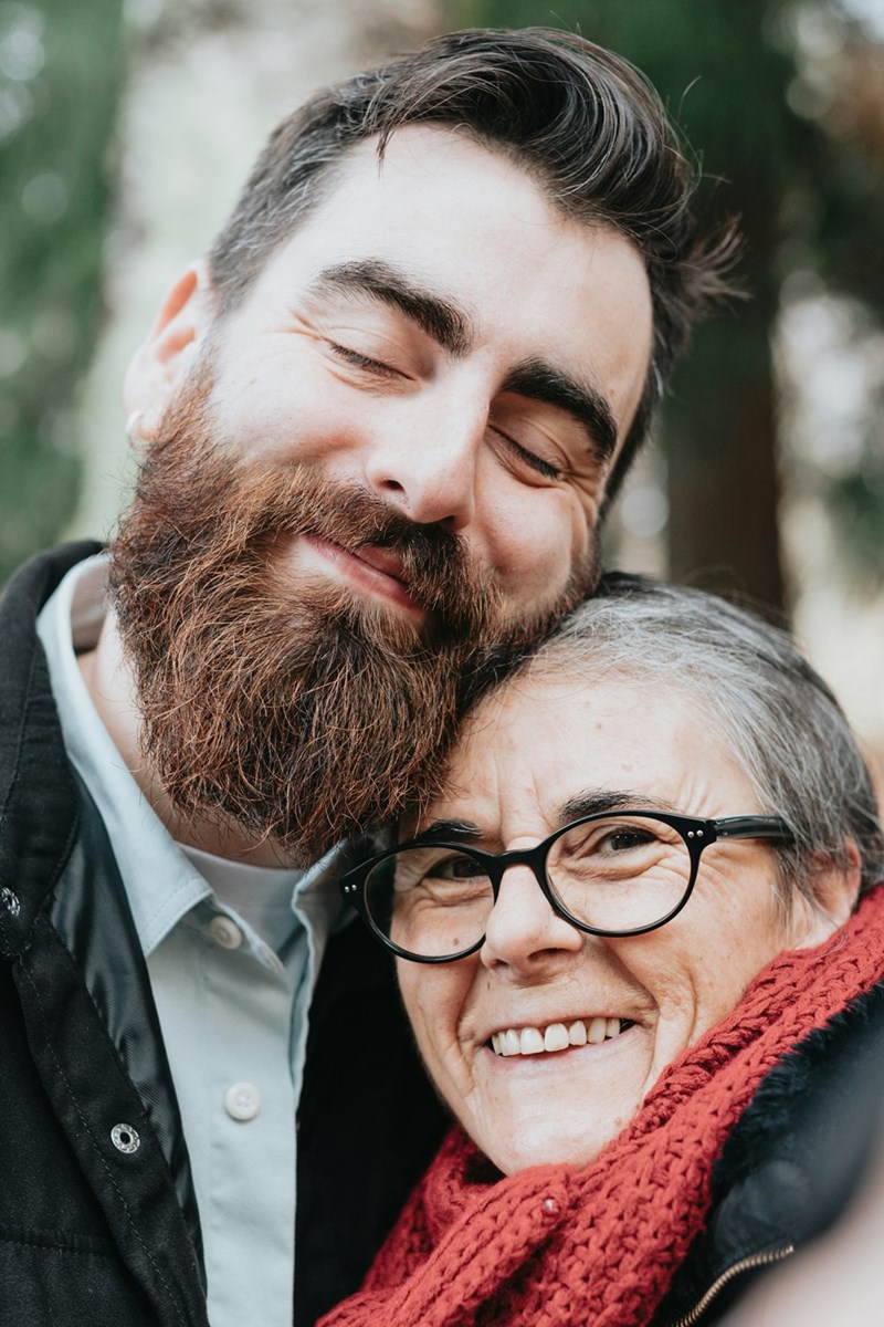 Actors portraying a man in his 30s and his mother, who enables his bad behavior when his dad criticizes it. 
