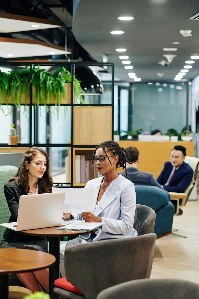 A portrait of subjects posing as employees working in an office environment.