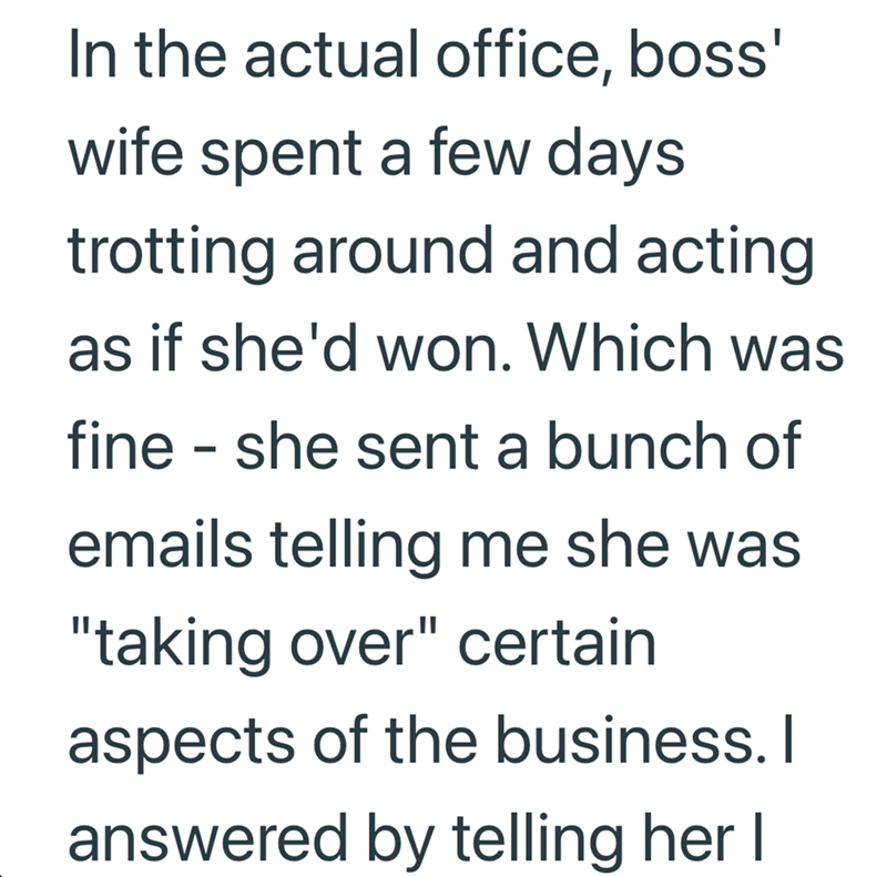 In the actual office, boss' wife spent a few days. trotting around and acting as if she'd won. Which was fine - she sent a bunch of emails telling me she was "taking over" certain aspects of the business. I answered by telling her I