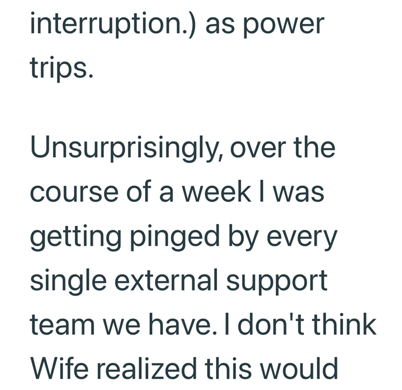 interruption.) as power trips. Unsurprisingly, over the course of a week I was getting pinged by every single external support team we have. I don't think Wife realized this would