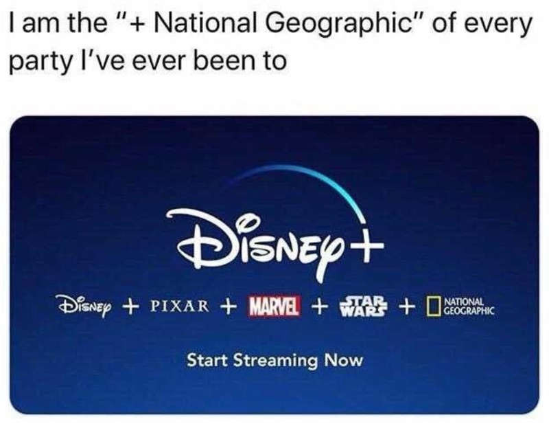 I am the "+ National Geographic" of every party I've ever been to Disney + STAR NATIONAL DISNEY + PIXAR + MARVEL + WAR + NETGRAPHIC Start Streaming Now
