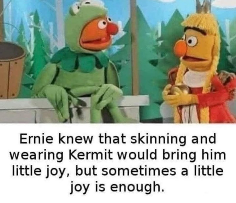 Ernie knew that skinning and wearing Kermit would bring him little joy, but sometimes a little joy is enough.