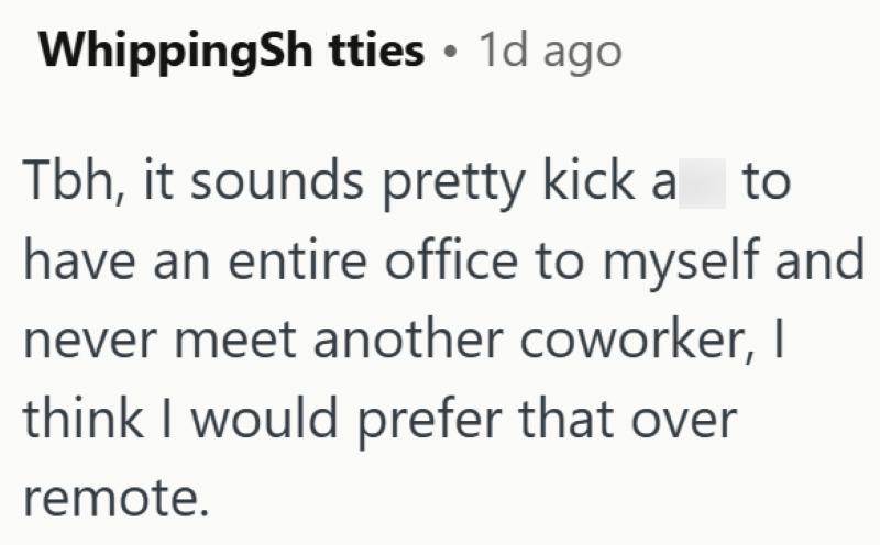 WhippingSh tties • 1d ago Tbh, it sounds pretty kick a to have an entire office to myself and never meet another coworker, I think I would prefer that over remote.