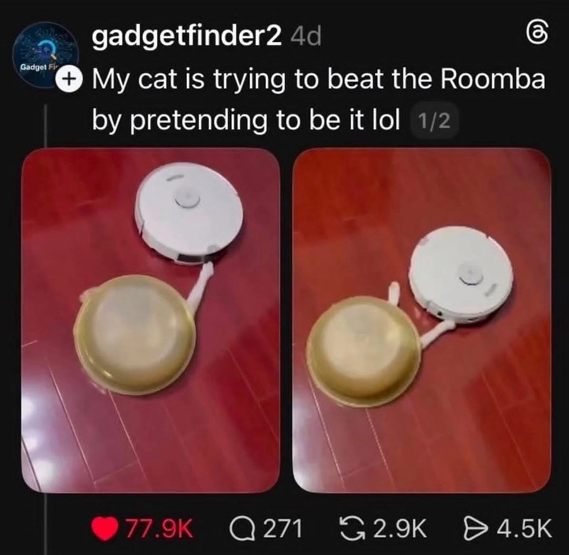 Gadget Fi gadgetfinder2 4d My cat is trying to beat the Roomba by pretending to be it lol 1/2 77.9K 271 2.9K > 4.5K