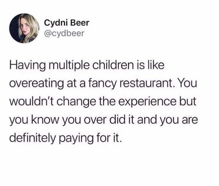 Cydni Beer @cydbeer Having multiple children is like overeating at a fancy restaurant. You wouldn't change the experience but you know you over did it and you are definitely paying for it.