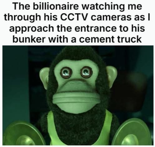 The billionaire watching me through his CCTV cameras as I approach the entrance to his bunker with a cement truck