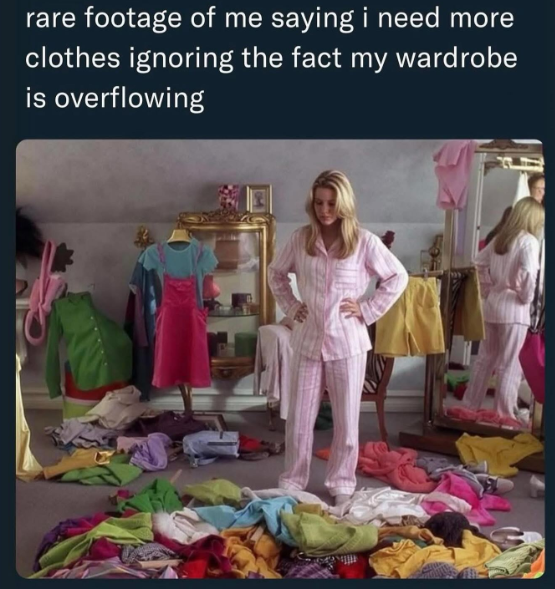 rare footage of me saying i need more clothes ignoring the fact my wardrobe is overflowing