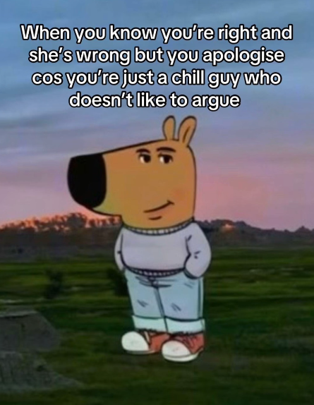 When you know you're right and she's wrong but you apologise cos you're just a chill guy who doesn't like to argue