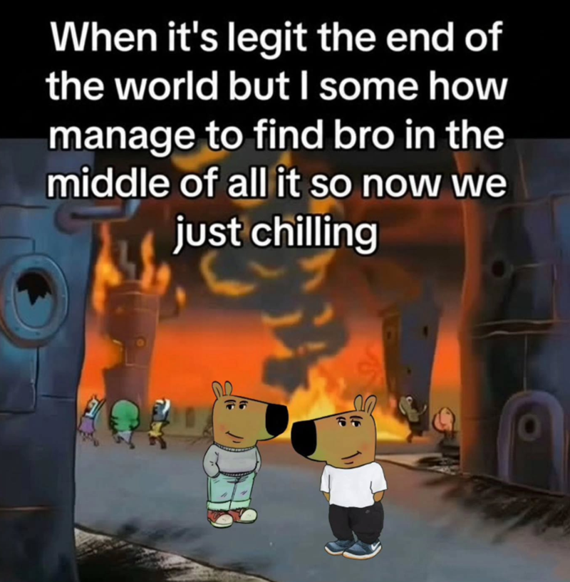 When it's legit the end of the world but I some how manage to find bro in the middle of all it so now we just chilling FF