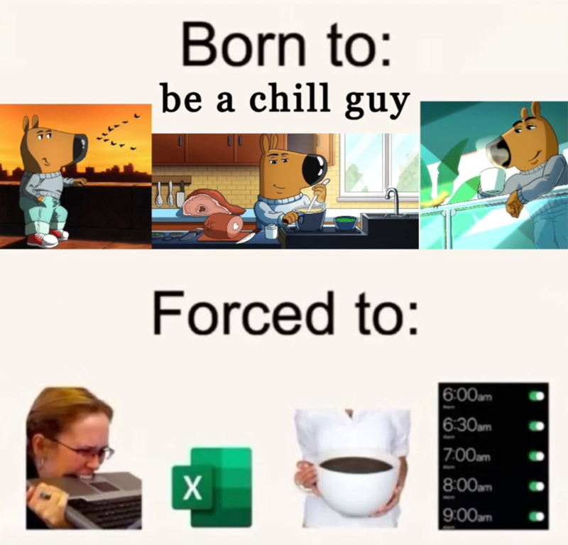 3 Born to: be a chill guy Forced to: 6:00am 6:30am 7:00am ☑ 8:00am 9:00am