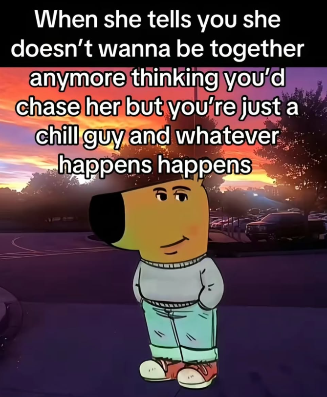 When she tells you she doesn't wanna be together anymore thinking you'd chase her but you're just a chill guy and whatever happens happens