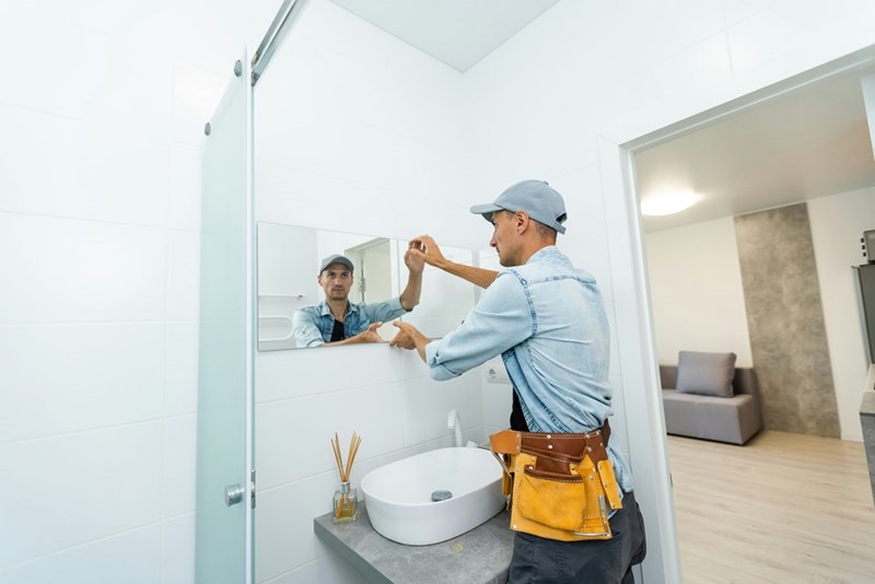 A handyman installing a mirror on a bathroom.