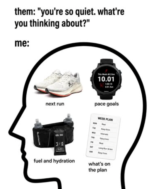 them: "you're so quiet. what're you thinking about?" me: NALODON next run 10.01 1:00:15 pace goals WEEK PLAN GEL 100 Exxy 8 km Pest Long Run 16 km fuel and hydration what's on the plan