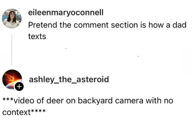eileenmaryoconnell Pretend the comment section is how a dad texts + ashley_the_asteroid ***video of deer on backyard camera with no context****