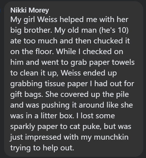 Nikki Morey My girl Weiss helped me with her big brother. My old man (he's 10) ate too much and then chucked it on the floor. While I checked on him and went to grab paper towels to clean it up, Weiss ended up grabbing tissue paper I had out for gift bags. She covered up the pile and was pushing it around like she was in a litter box. I lost some sparkly paper to cat puke, but was just impressed with my munchkin trying to help out.