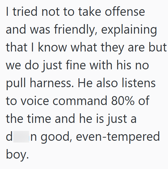 I tried not to take offense and was friendly, explaining that I know what they are but we do just fine with his no pull harness. He also listens to voice command 80% of the time and he is just a d In good, even-tempered boy.
