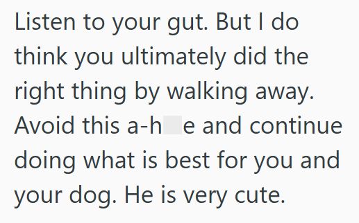 Listen to your gut. But I do think you ultimately did the right thing by walking away. Avoid this a-he and continue doing what is best for you and your dog. He is very cute.