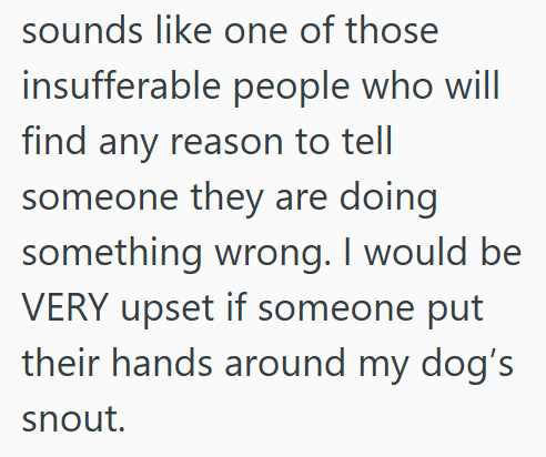sounds like one of those insufferable people who will find any reason to tell someone they are doing something wrong. I would be VERY upset if someone put their hands around my dog's snout.