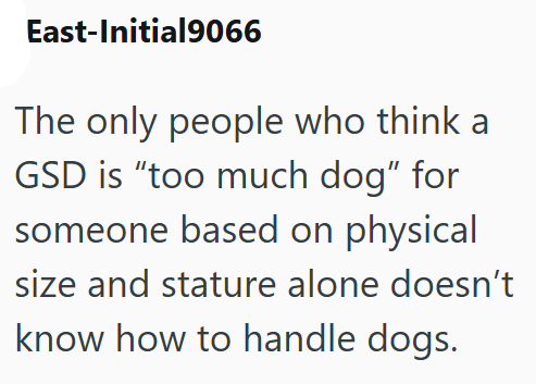 East-Initial9066 The only people who think a GSD is "too much dog" for someone based on physical size and stature alone doesn't know how to handle dogs.