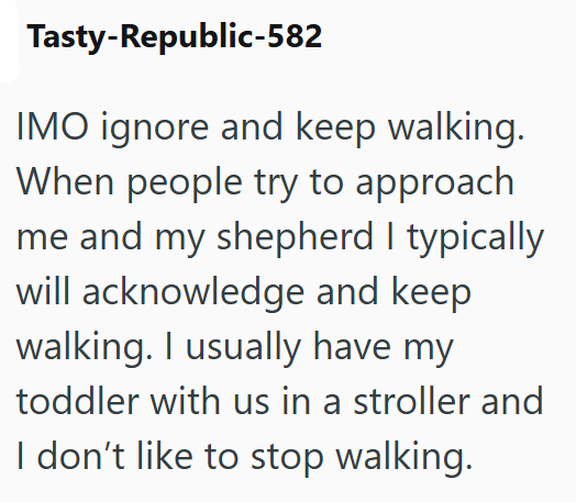 Tasty-Republic-582 IMO ignore and keep walking. When people try to approach me and my shepherd I typically will acknowledge and keep walking. I usually have my toddler with us in a stroller and I don't like to stop walking.