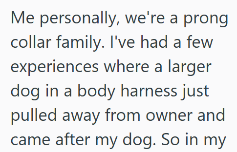 Me personally, we're a prong collar family. I've had a few experiences where a larger dog in a body harness just pulled away from owner and came after my dog. So in my