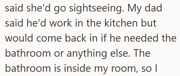 said she'd go sightseeing. My dad said he'd work in the kitchen but would come back in if he needed the bathroom or anything else. The bathroom is inside my room, so I
