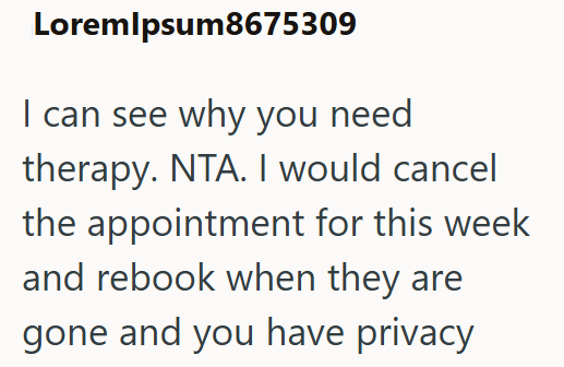 Lorem Ipsum8675309 I can see why you need therapy. NTA. I would cancel the appointment for this week and rebook when they are gone and you have privacy