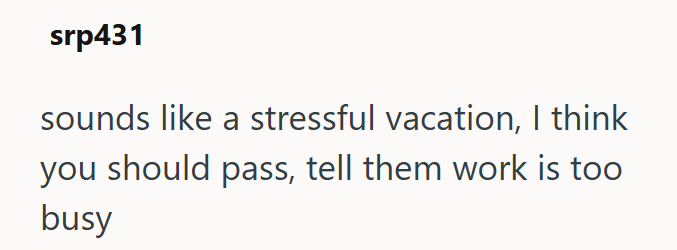 srp431 sounds like a stressful vacation, I think you should pass, tell them work is too busy