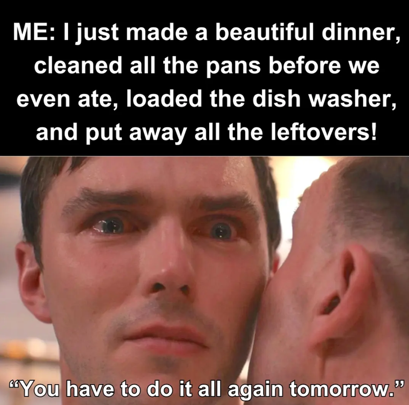 ME: I just made a beautiful dinner, cleaned all the pans before we even ate, loaded the dish washer, and put away all the leftovers! "You have to do it all again tomorrow."