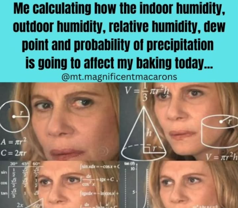 Me calculating how the indoor humidity, outdoor humidity, relative humidity, dew point and probability of precipitation is going to affect my baking today... @mt.magnificentmacarons V=53 V = r² A = πr² C = 2лr sin COS tan 30° 45 60° 142124 8128253 - [sản x_x = -C0$x+C 10 2x 60° dr COS gx+C (tgxdx--Incosx+ dx V = r²h