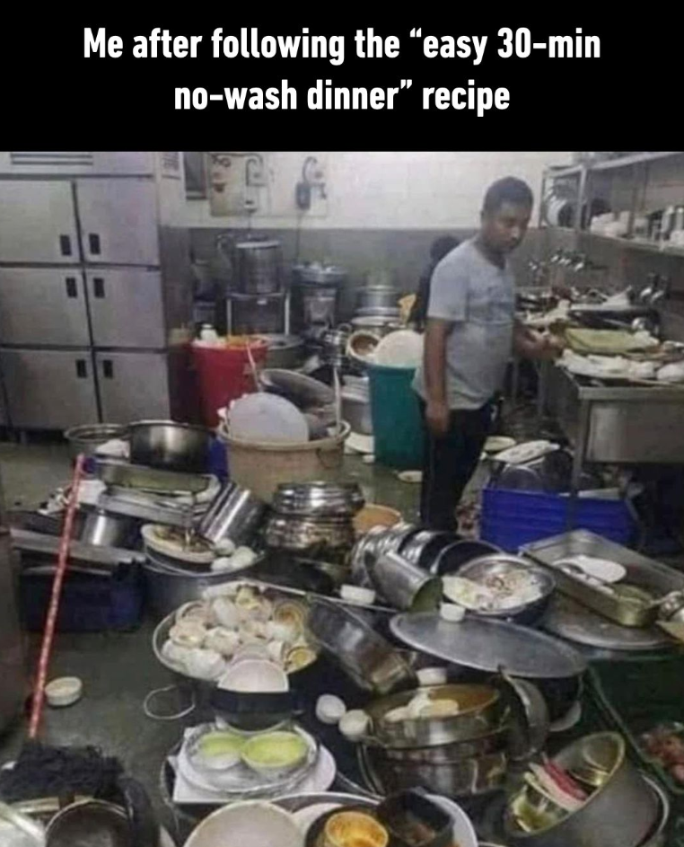 Me after following the “easy 30-min no-wash dinner" recipe