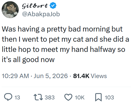 Gilbert @AbakpaJob Was having a pretty bad morning but then I went to pet my cat and she did a little hop to meet my hand halfway so it's all good now 10:29 AM Jun 5, 2026 81.4K Views • 13 17383 10K ☐ 103