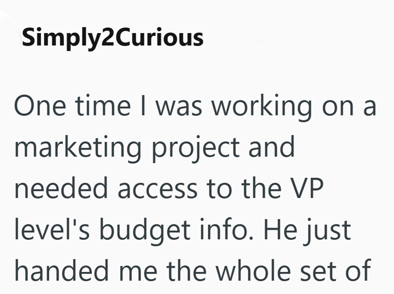 Simply2Curious One time I was working on a marketing project and needed access to the VP level's budget info. He just handed me the whole set of