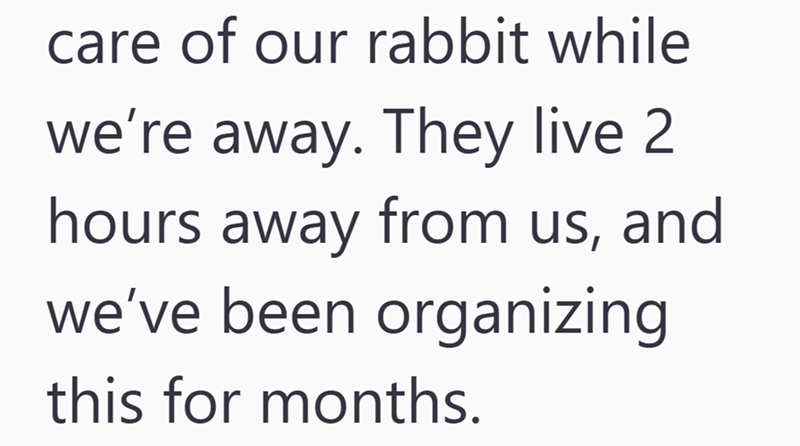 care of our rabbit while we're away. They live 2 hours away from us, and we've been organizing this for months.