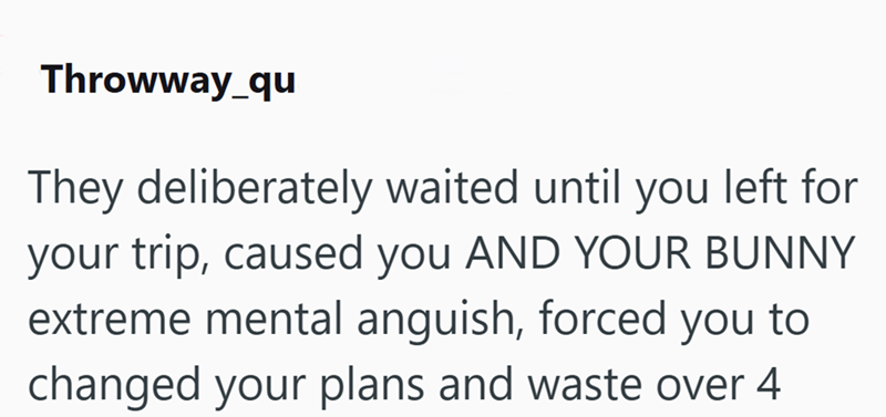 Throwway_qu They deliberately waited until you left for your trip, caused you AND YOUR BUNNY extreme mental anguish, forced you to changed your plans and waste over 4