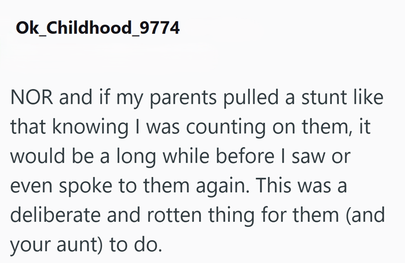 Ok_Childhood_9774 NOR and if my parents pulled a stunt like that knowing I was counting on them, it would be a long while before I saw or even spoke to them again. This was a deliberate and rotten thing for them (and your aunt) to do.