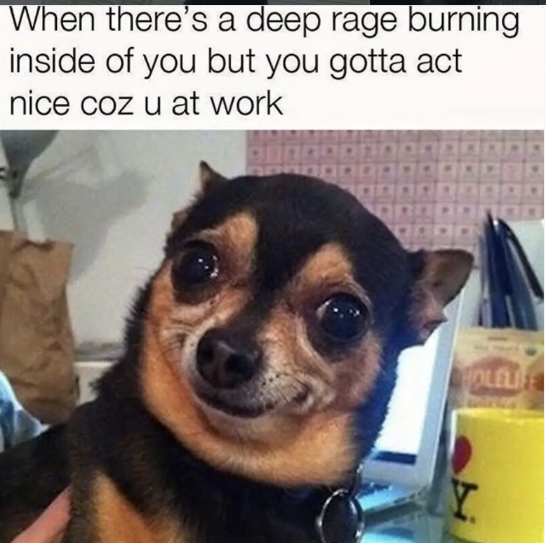 When there's a deep rage burning inside of you but you gotta act nice coz u at work HOLELIE Y