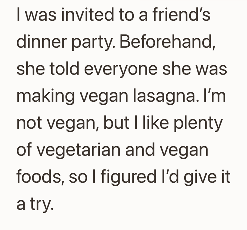 I was invited to a friend's dinner party. Beforehand, she told everyone she was making vegan lasagna. I'm not vegan, but I like plenty of vegetarian and vegan foods, so I figured I'd give it a try.