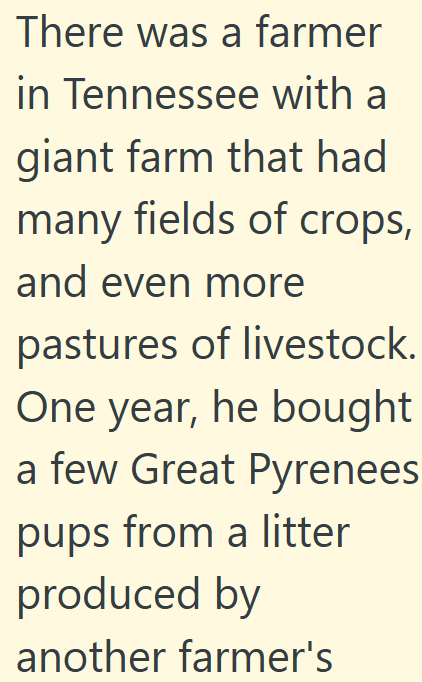 There was a farmer in Tennessee with a giant farm that had many fields of crops, and even more pastures of livestock. One year, he bought a few Great Pyrenees pups from a litter produced by another farmer's