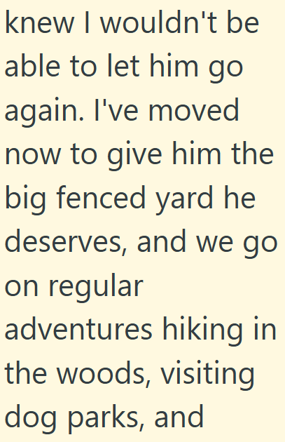 knew I wouldn't be able to let him go again. I've moved now to give him the big fenced yard he deserves, and we go on regular adventures hiking in the woods, visiting dog parks, and